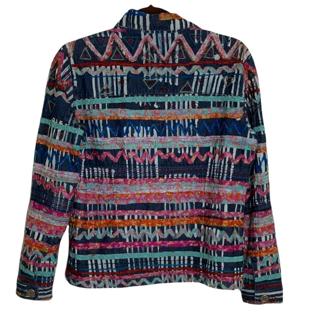CHICO’S “SCRAP ART FABRIC” JEAN JACKET - Picture 6 of 9
